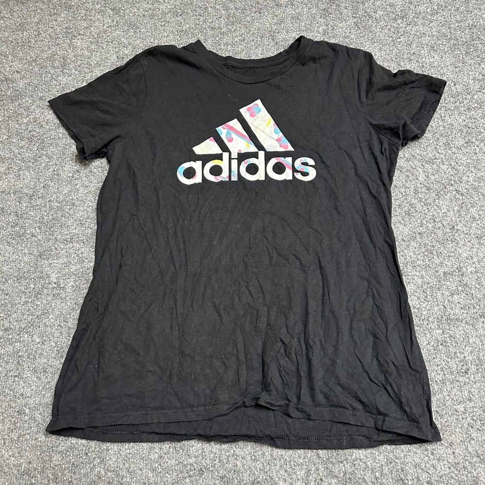 Adidas Shirt Womens Size XL Black Floral Graphic Logo Short Sleeve Amplifier Tee